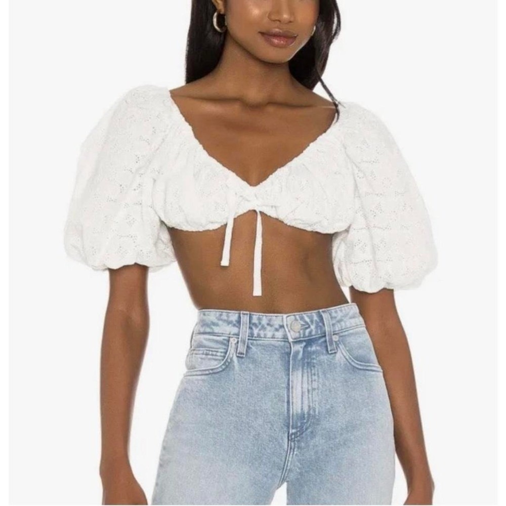 For Love & Lemons White Eyelet Puff Sleeve Tie Front Crop Top XS CT1718-SP21